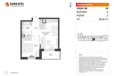 Rzut - Mieszkanie na sprzedaż 2 pokoje o powierzchni 38,36 m² - numer A43 w Osiedle Warszawska etap IV