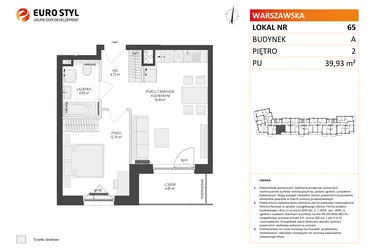 Rzut - Mieszkanie na sprzedaż 2 pokoje o powierzchni 39,93 m² - numer A65 w Osiedle Warszawska etap IV