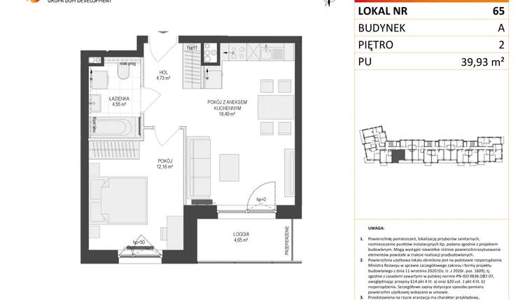 Rzut - Mieszkanie na sprzedaż 2 pokoje o powierzchni 39,93 m² - numer A65 w Osiedle Warszawska etap IV