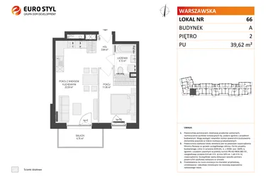 Rzut - Mieszkanie na sprzedaż 2 pokoje o powierzchni 39,62 m² - numer A66 w Osiedle Warszawska etap IV
