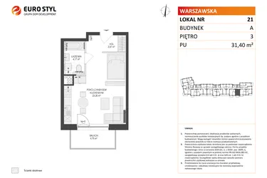 Rzut - Mieszkanie na sprzedaż 1 pokój o powierzchni 31,4 m² - numer A21 w Osiedle Warszawska etap IV