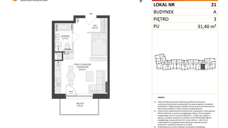 Rzut - Mieszkanie na sprzedaż 1 pokój o powierzchni 31,4 m² - numer A21 w Osiedle Warszawska etap IV