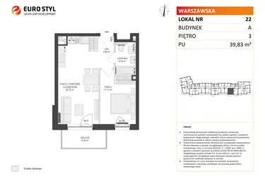 Rzut - Mieszkanie na sprzedaż 2 pokoje o powierzchni 39,83 m² - numer A22 w Osiedle Warszawska etap IV
