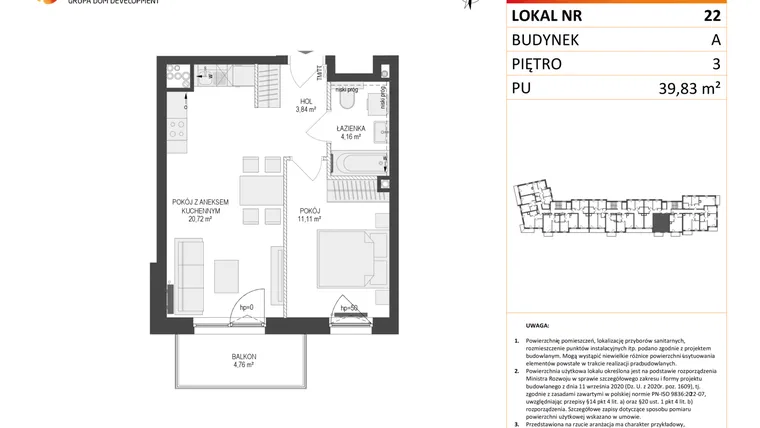 Rzut - Mieszkanie na sprzedaż 2 pokoje o powierzchni 39,83 m² - numer A22 w Osiedle Warszawska etap IV