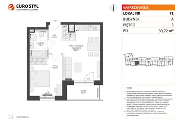 Rzut - Mieszkanie na sprzedaż 2 pokoje o powierzchni 39,72 m² - numer A71 w Osiedle Warszawska etap IV