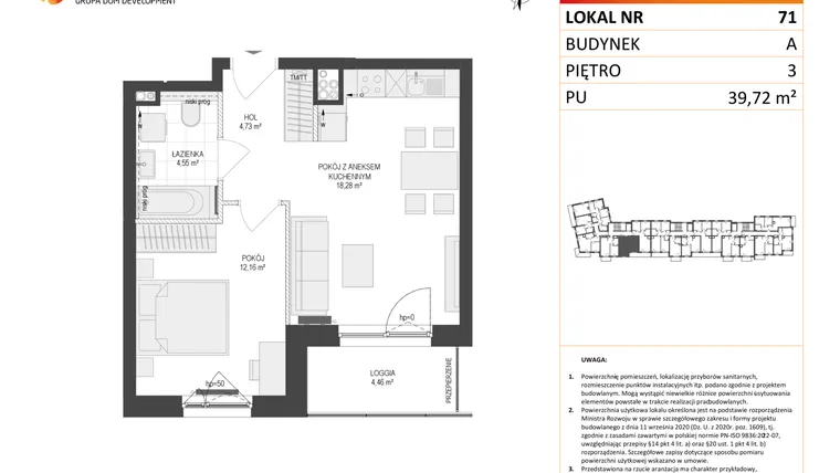 Rzut - Mieszkanie na sprzedaż 2 pokoje o powierzchni 39,72 m² - numer A71 w Osiedle Warszawska etap IV