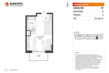 Rzut - Mieszkanie na sprzedaż 1 pokój o powierzchni 31,23 m² - numer A27 w Osiedle Warszawska etap IV