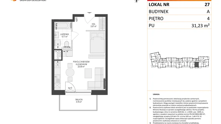 Rzut - Mieszkanie na sprzedaż 1 pokój o powierzchni 31,23 m² - numer A27 w Osiedle Warszawska etap IV