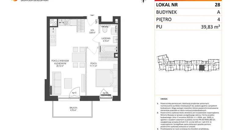 Rzut - Mieszkanie na sprzedaż 2 pokoje o powierzchni 39,83 m² - numer A28 w Osiedle Warszawska etap IV