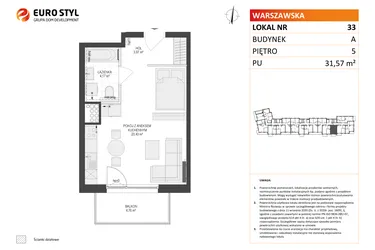 Rzut - Mieszkanie na sprzedaż 1 pokój o powierzchni 31,57 m² - numer A33 w Osiedle Warszawska etap IV