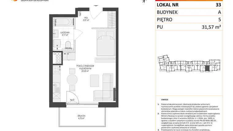 Rzut - Mieszkanie na sprzedaż 1 pokój o powierzchni 31,57 m² - numer A33 w Osiedle Warszawska etap IV
