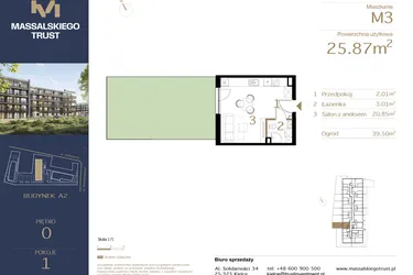 Rzut - Mieszkanie na sprzedaż 1 pokój o powierzchni 25,87 m² - numer M3 w Massalskiego Trust A2