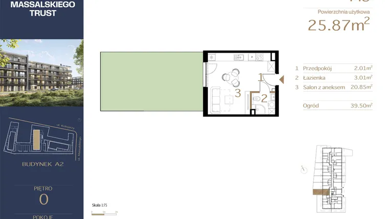 Rzut - Mieszkanie na sprzedaż 1 pokój o powierzchni 25,87 m² - numer M3 w Massalskiego Trust A2