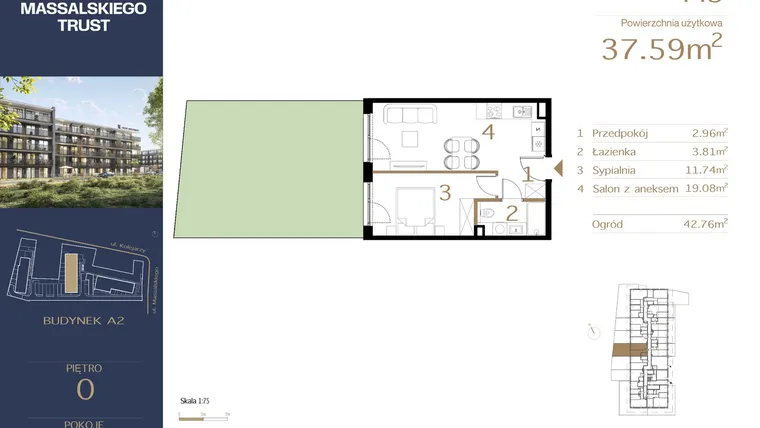 Rzut - Mieszkanie na sprzedaż 2 pokoje o powierzchni 37,59 m² - numer M5 w Massalskiego Trust A2
