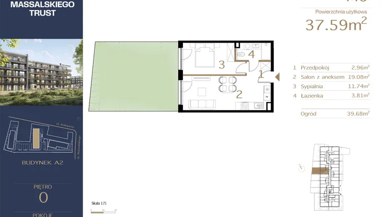 Rzut - Mieszkanie na sprzedaż 2 pokoje o powierzchni 37,59 m² - numer M6 w Massalskiego Trust A2