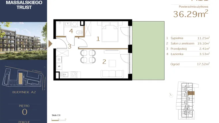 Rzut - Mieszkanie na sprzedaż 2 pokoje o powierzchni 36,29 m² - numer M11 w Massalskiego Trust A2