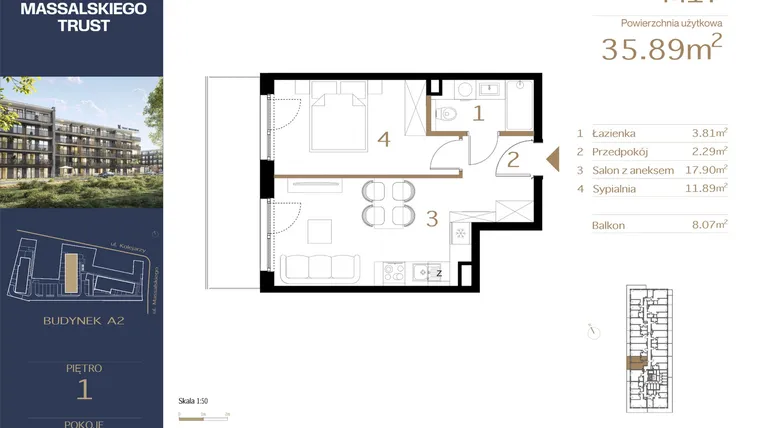 Rzut - Mieszkanie na sprzedaż 2 pokoje o powierzchni 35,89 m² - numer M17 w Massalskiego Trust A2