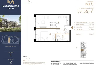 Rzut - Mieszkanie na sprzedaż 2 pokoje o powierzchni 37,59 m² - numer M18 w Massalskiego Trust A2