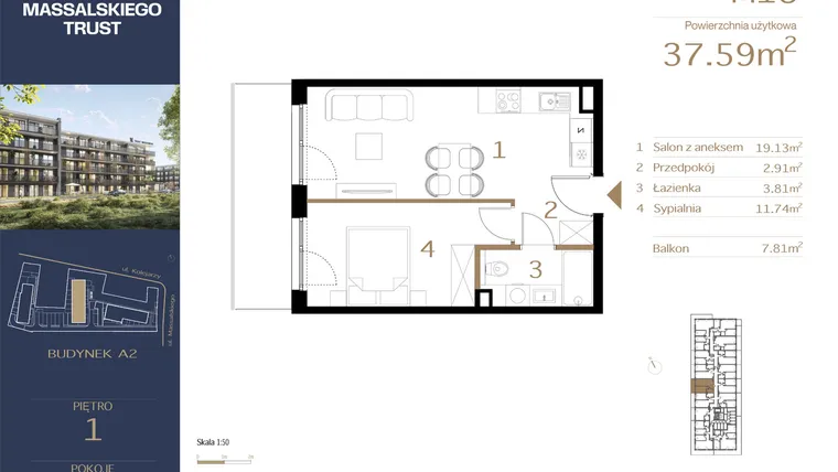 Rzut - Mieszkanie na sprzedaż 2 pokoje o powierzchni 37,59 m² - numer M18 w Massalskiego Trust A2