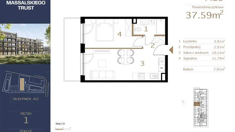 Rzut - Mieszkanie na sprzedaż 2 pokoje o powierzchni 37,59 m² - numer M19 w Massalskiego Trust A2