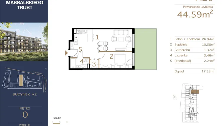 Rzut - Mieszkanie na sprzedaż 2 pokoje o powierzchni 44,59 m² - numer M10 w Massalskiego Trust A2