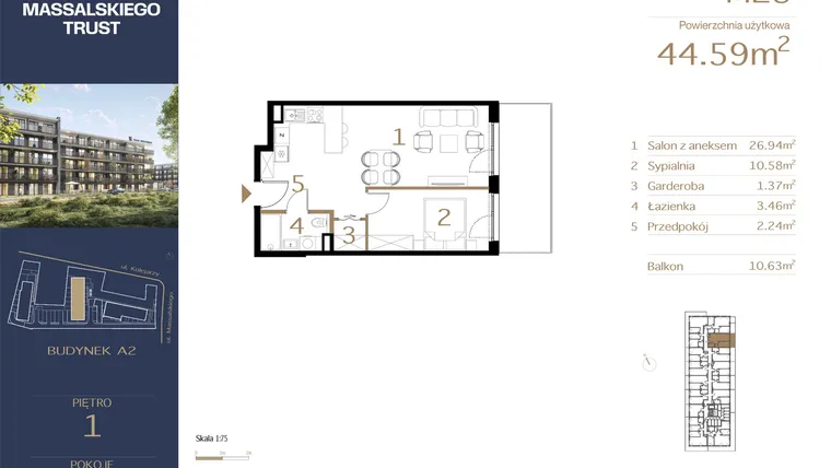 Rzut - Mieszkanie na sprzedaż 2 pokoje o powierzchni 44,59 m² - numer M23 w Massalskiego Trust A2