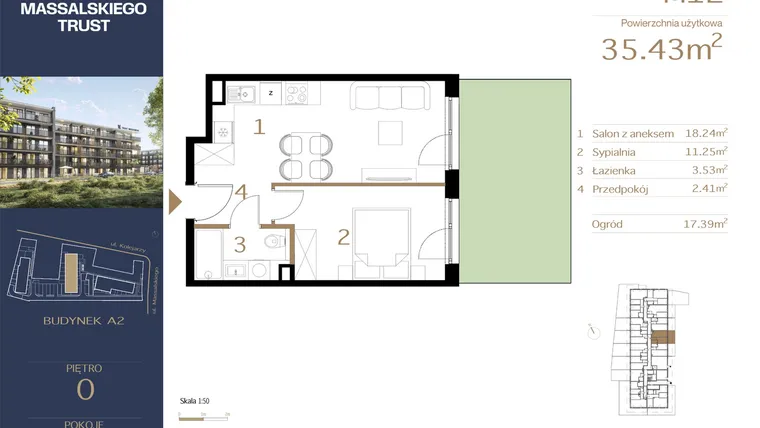 Rzut - Mieszkanie na sprzedaż 2 pokoje o powierzchni 35,43 m² - numer M12 w Massalskiego Trust A2