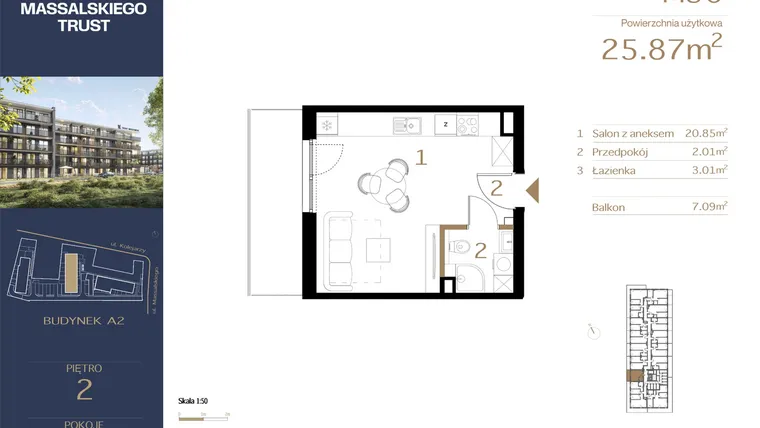 Rzut - Mieszkanie na sprzedaż 1 pokój o powierzchni 25,87 m² - numer M30 w Massalskiego Trust A2