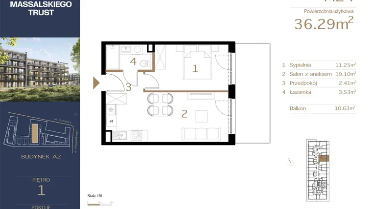 Rzut - Mieszkanie na sprzedaż 2 pokoje o powierzchni 36,29 m² - numer M24 w Massalskiego Trust A2