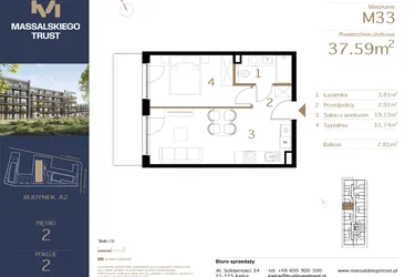 Rzut - Mieszkanie na sprzedaż 2 pokoje o powierzchni 37,59 m² - numer M33 w Massalskiego Trust A2