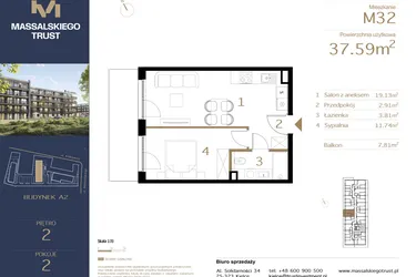 Rzut - Mieszkanie na sprzedaż 2 pokoje o powierzchni 37,59 m² - numer M32 w Massalskiego Trust A2