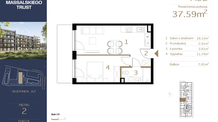 Rzut - Mieszkanie na sprzedaż 2 pokoje o powierzchni 37,59 m² - numer M32 w Massalskiego Trust A2