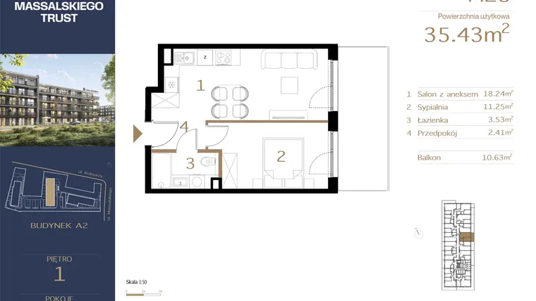 Rzut - Mieszkanie na sprzedaż 2 pokoje o powierzchni 35,43 m² - numer M25 w Massalskiego Trust A2