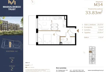 Rzut - Mieszkanie na sprzedaż 2 pokoje o powierzchni 33,83 m² - numer M34 w Massalskiego Trust A2