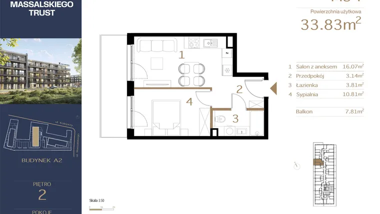 Rzut - Mieszkanie na sprzedaż 2 pokoje o powierzchni 33,83 m² - numer M34 w Massalskiego Trust A2