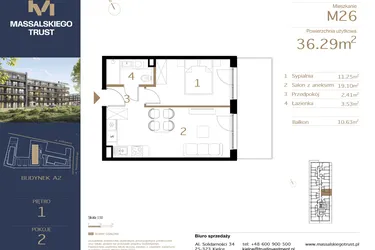 Rzut - Mieszkanie na sprzedaż 2 pokoje o powierzchni 36,29 m² - numer M26 w Massalskiego Trust A2