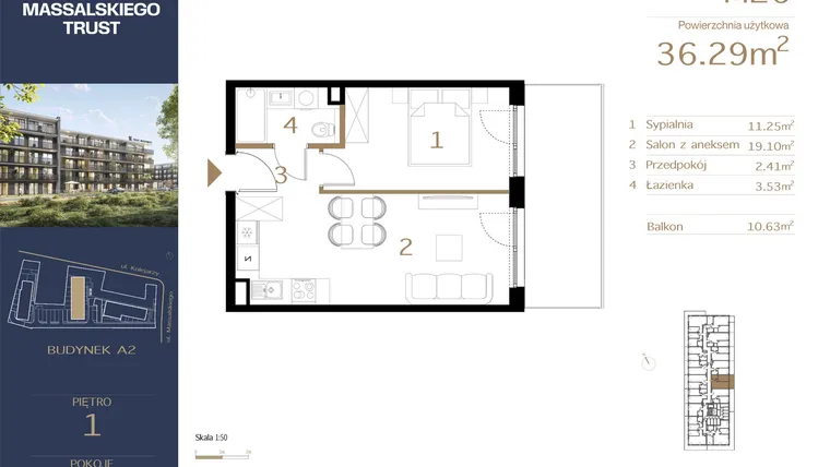 Rzut - Mieszkanie na sprzedaż 2 pokoje o powierzchni 36,29 m² - numer M26 w Massalskiego Trust A2