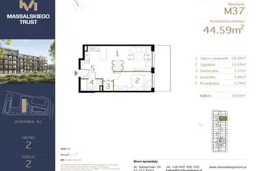 Rzut - Mieszkanie na sprzedaż 2 pokoje o powierzchni 44,59 m² - numer M37 w Massalskiego Trust A2