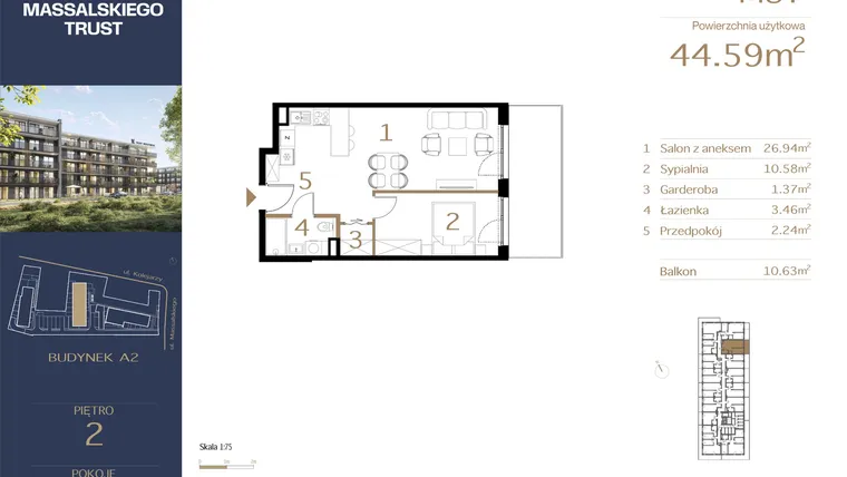 Rzut - Mieszkanie na sprzedaż 2 pokoje o powierzchni 44,59 m² - numer M37 w Massalskiego Trust A2