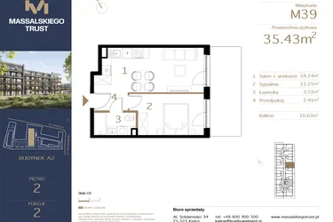 Rzut - Mieszkanie na sprzedaż 2 pokoje o powierzchni 35,43 m² - numer M39 w Massalskiego Trust A2