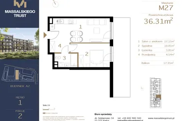 Rzut - Mieszkanie na sprzedaż 2 pokoje o powierzchni 36,31 m² - numer M27 w Massalskiego Trust A2
