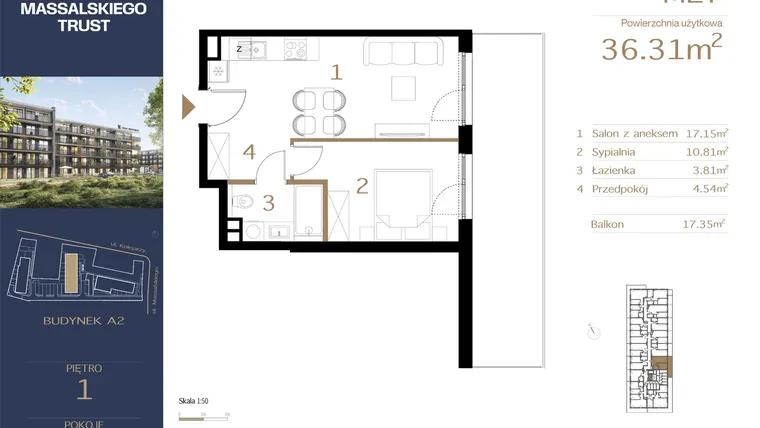 Rzut - Mieszkanie na sprzedaż 2 pokoje o powierzchni 36,31 m² - numer M27 w Massalskiego Trust A2