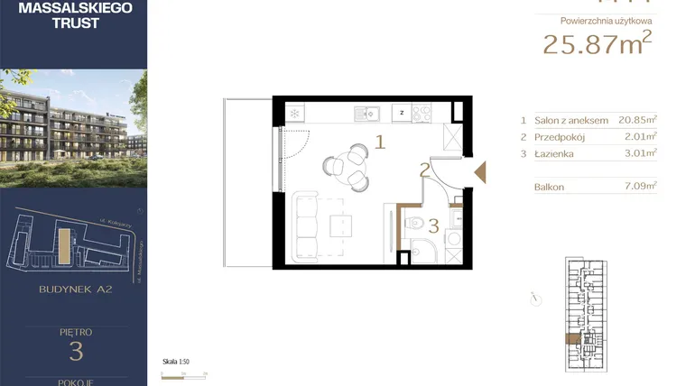 Rzut - Mieszkanie na sprzedaż 1 pokój o powierzchni 25,87 m² - numer M44 w Massalskiego Trust A2
