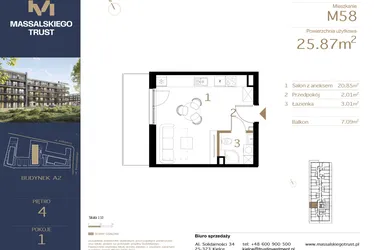 Rzut - Mieszkanie na sprzedaż 1 pokój o powierzchni 25,87 m² - numer M58 w Massalskiego Trust A2