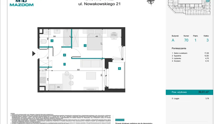 Rzut - Mieszkanie na sprzedaż 2 pokoje o powierzchni 39,01 m² - numer 70 w Błonie Vita