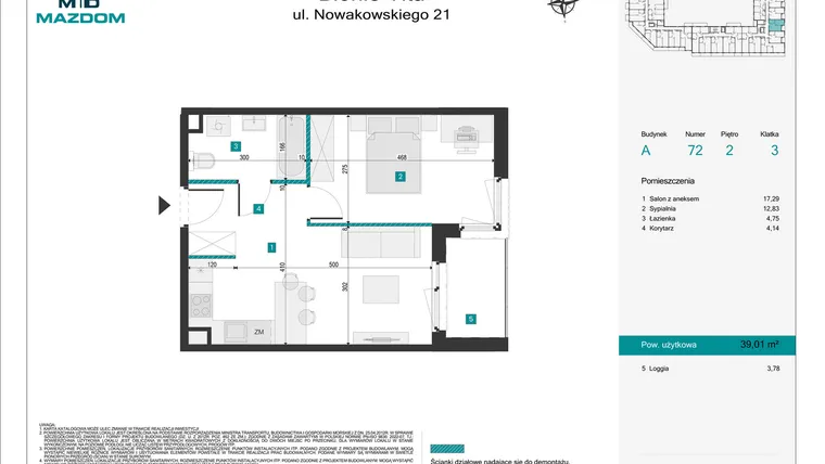 Rzut - Mieszkanie na sprzedaż 2 pokoje o powierzchni 39,01 m² - numer 72 w Błonie Vita