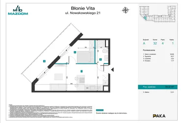 Rzut - Mieszkanie na sprzedaż 2 pokoje o powierzchni 34,32 m² - numer 32 w Błonie Vita