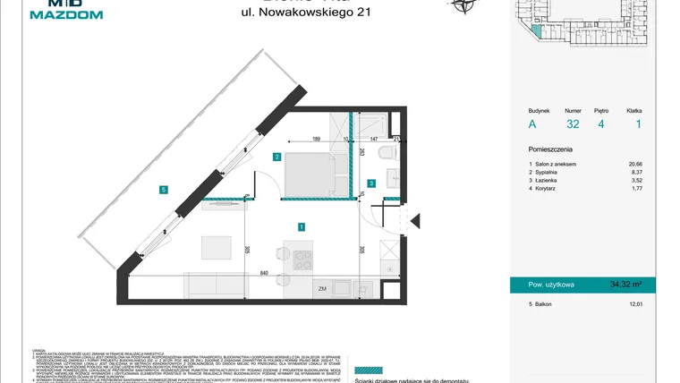 Rzut - Mieszkanie na sprzedaż 2 pokoje o powierzchni 34,32 m² - numer 32 w Błonie Vita