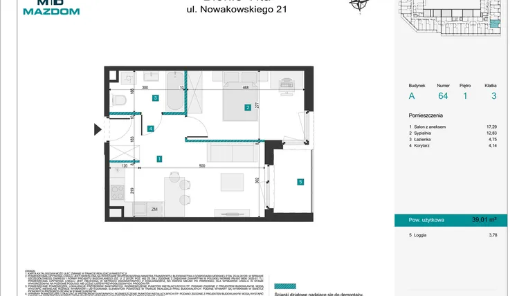 Rzut - Mieszkanie na sprzedaż 2 pokoje o powierzchni 39,01 m² - numer 64 w Błonie Vita