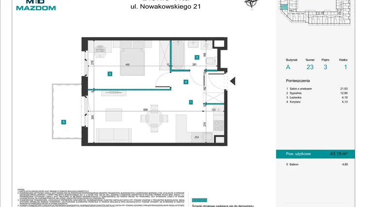 Rzut - Mieszkanie na sprzedaż 2 pokoje o powierzchni 43,15 m² - numer 23 w Błonie Vita